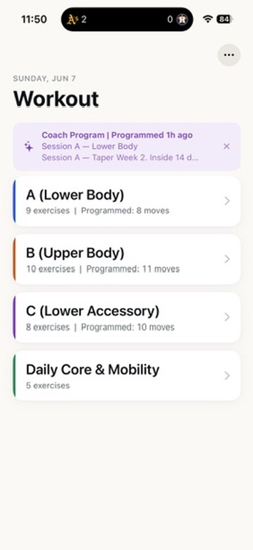 Workout home screen
